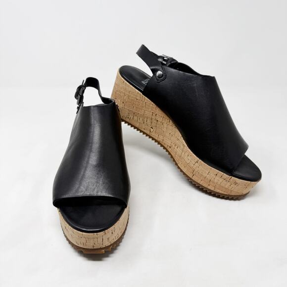 [Eileen Fisher] Black Leather Open Toe Ankle Strap Wedge Flatform Sandals Size 8 - Picture 3 of 11